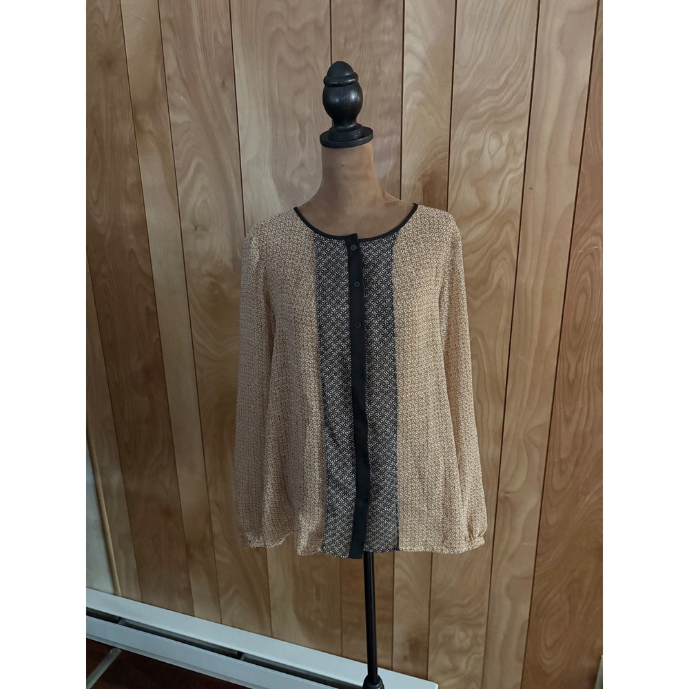 Ann Taylor LOFT Womens Small Yellow Black Geometric Floral Button Front Blouse
